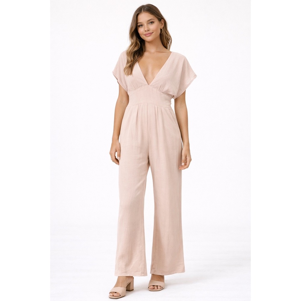 Blue Life Women Pale‎ Pink Crinkle V-Neck Wide Leg Jumpsuit S Tie Party Event